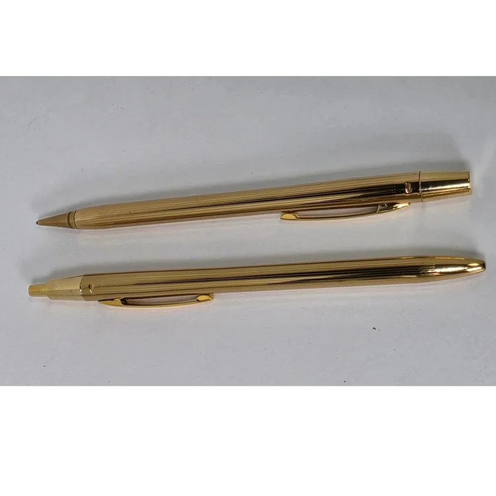 Vintage Gold Tone Pinstripe Pen and Mechanical Pencil Set USA Made with Box
